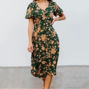 BALTIC BØRN Adele Green and Clay Floral Puff Sleeve V-Neck Flowy Midi Dress XL